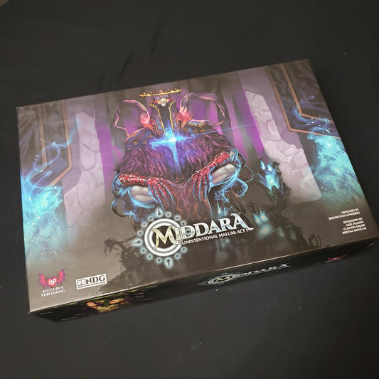Image shows the front cover of the box of the board game Middara: Unintentional Malum - Act 1