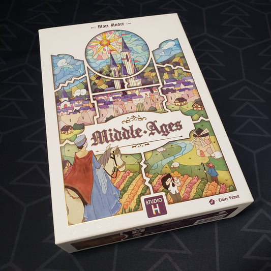 Image shows the front cover of the box of the Middle Ages board game
