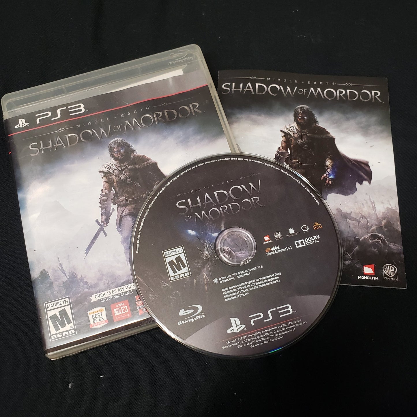 Image shows the case, manual & disc for the video game Middle-Earth: Shadow of Mordor for Playstation 3