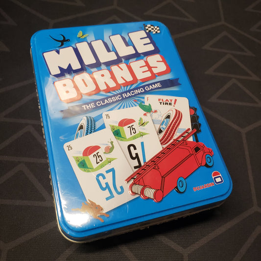 Image shows the front cover of the box for the Mille Bornes card game