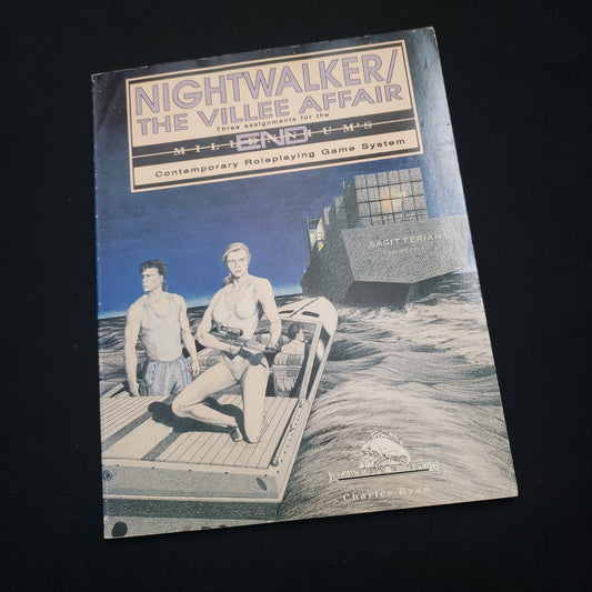 Image shows the front cover of the Nightwalker / The Villee Affair book for the Millennium's End roleplaying game