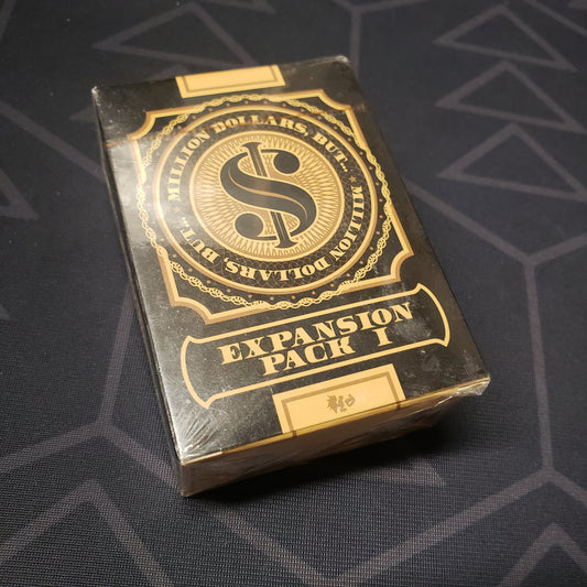 Image shows the front cover of the box of Expansion Pack 1 for the card game Million Dollars, But...