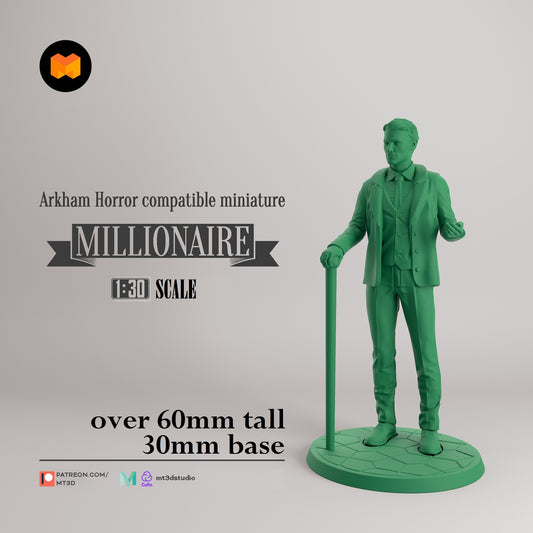 Image shows a 3D render of a 1920s era millionaire gaming miniature.