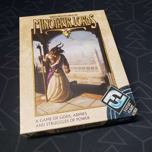 Image shows the front cover of the box of the Minotaur Lords card game