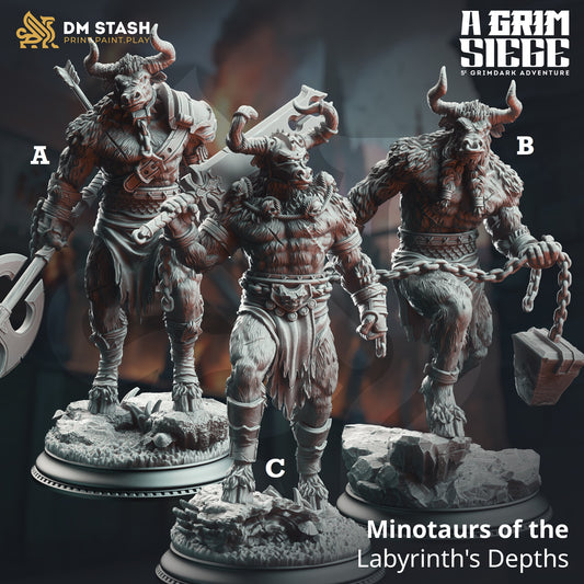 Image shows 3D renders for three different sculpt options of a minotaur gaming miniature.