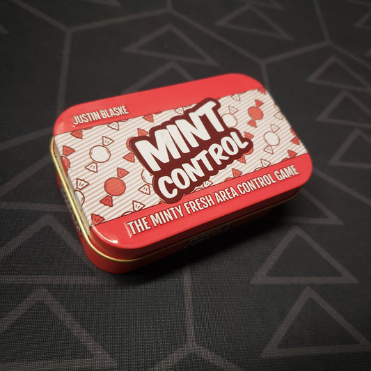 Image shows the front cover of the box for the Mint Control board game