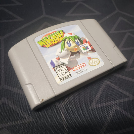 Image shows the front of the cartridge for the video game Mischief Makers for the Nintendo 64