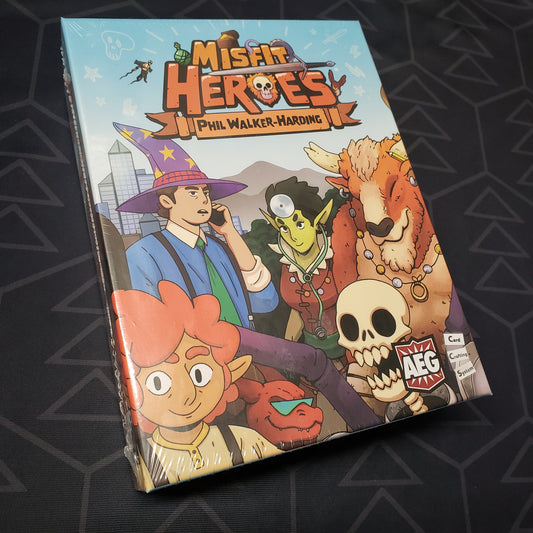 Image shows the front cover of the box for the Misfit Heroes card game