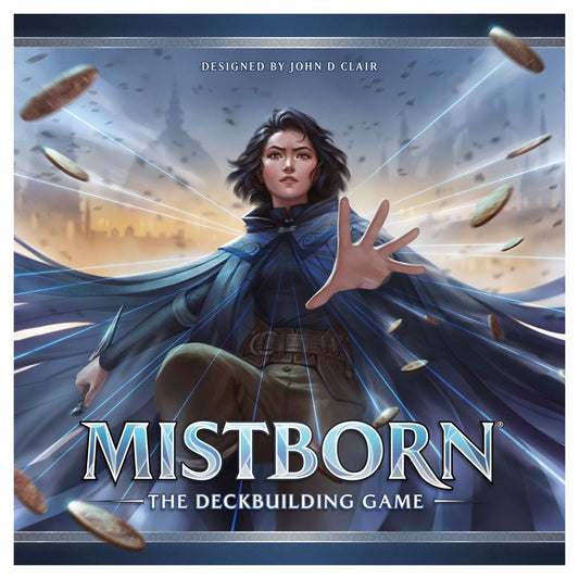 Image shows the front cover of the box of Mistborn: The Deckbuilding Game