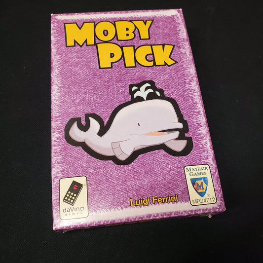 Image shows the front cover of the box of the Moby Pick card game