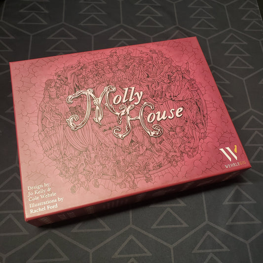Image shows the front cover of the box for the Molly House board game