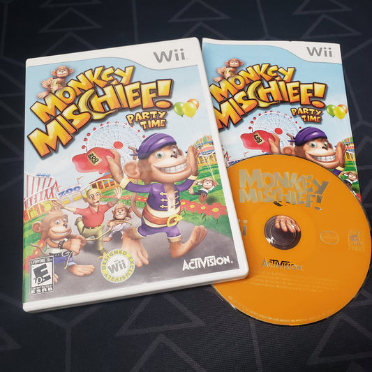 Image shows the case, manual & disc for the video game Monkey Mischief!: Party Time for Nintendo Wii