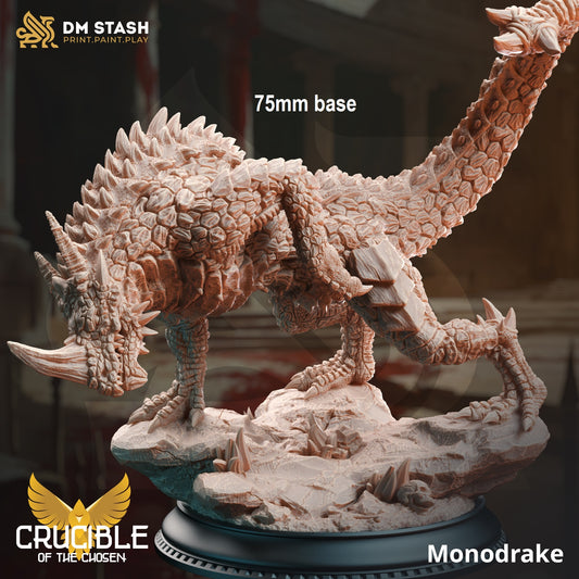 Image shows an 3D render of a rocky lizard / wingless dragon gaming miniature