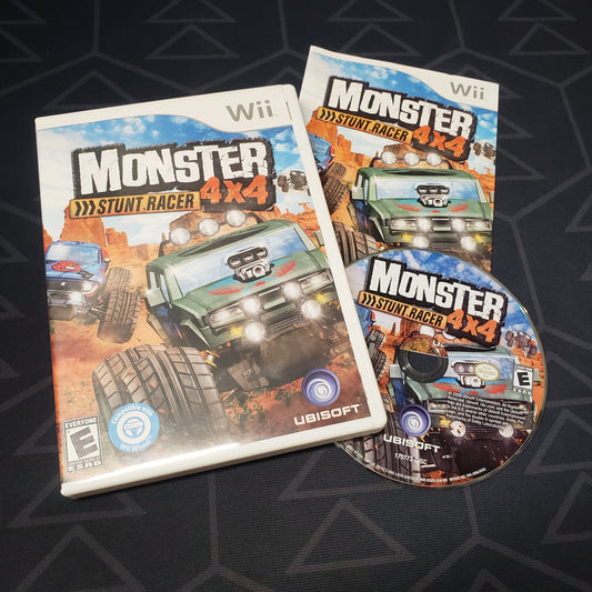 Image shows the case, manual and disc for the video game Monster 4x4: Stunt Racer for Nintendo Wii