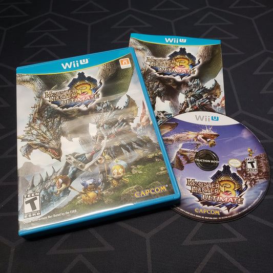 Image shows the case, manual and disc for the video game Monster Hunter 3 Ultimate for Nintendo Wii U