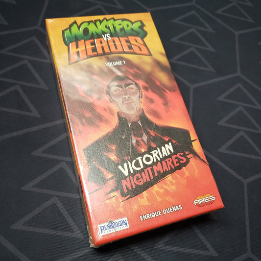 Image shows the front cover of the box for the Monsters vs Heroes: Volume 1 - Victorian Nightmares card game