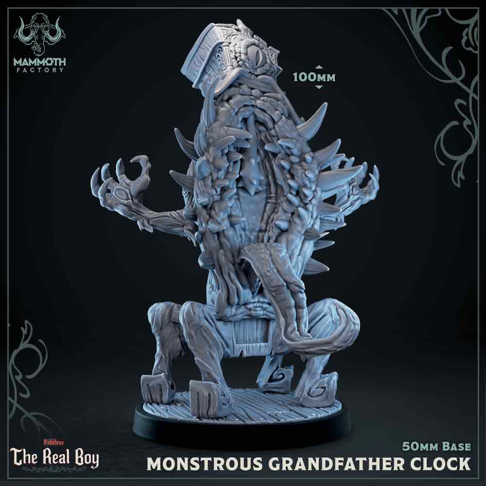 Image shows a 3D render of a hulking monster grandfather clock gaming miniature