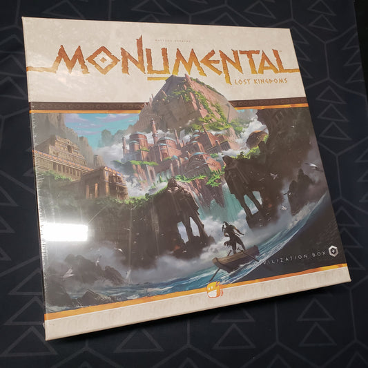 Image shows the front cover of the box of the Lost Kingdoms expansion for the board game Monumental