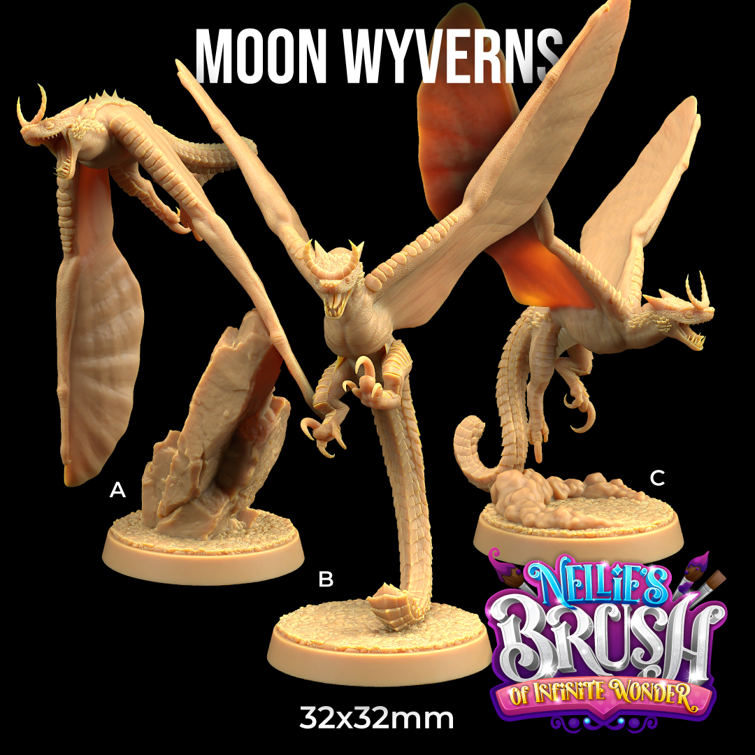 Image shows 3D renders for three different sculpt options of a small wyvern gaming miniature