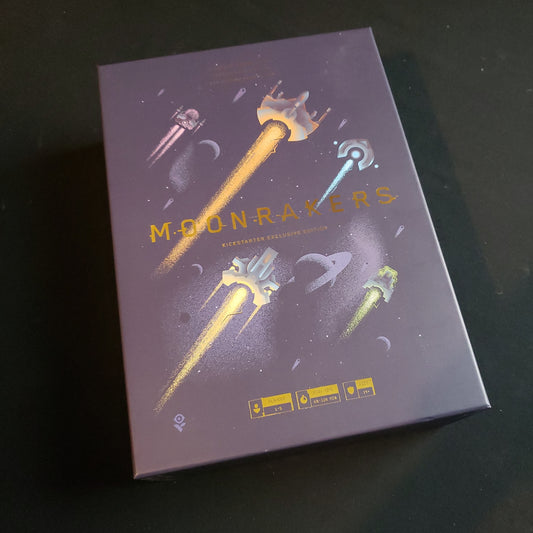 Image shows the front cover of the box of the Kickstarter Exclusive Edition of the Moonrakers board game