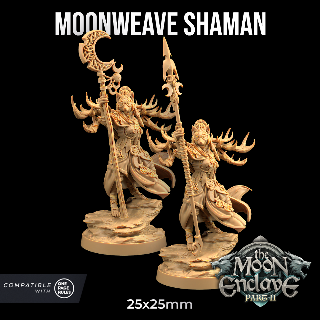 Image shows 3D renders of two different options for a wolf warrior gaming miniature, one with a crescent moon staff and one with a spear.