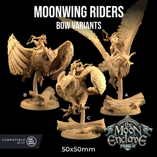 Image shows 3D renders of three different sculpt options for a gaming miniature featuring a wolf warrior riding a giant owl holding a bow