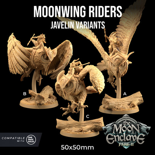 Image shows 3D renders of three different sculpt options for a gaming miniature featuring a wolf warrior riding a giant owl holding a javelin