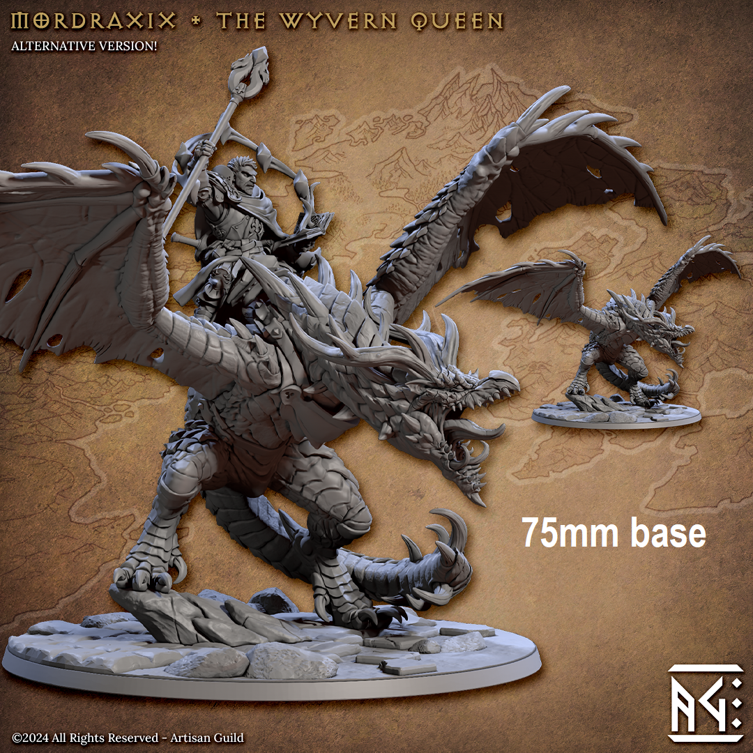 Image shows 3D renders for two different options for a wyvern gaming miniature, one with a saddle and mage rider, and one wild with no rider