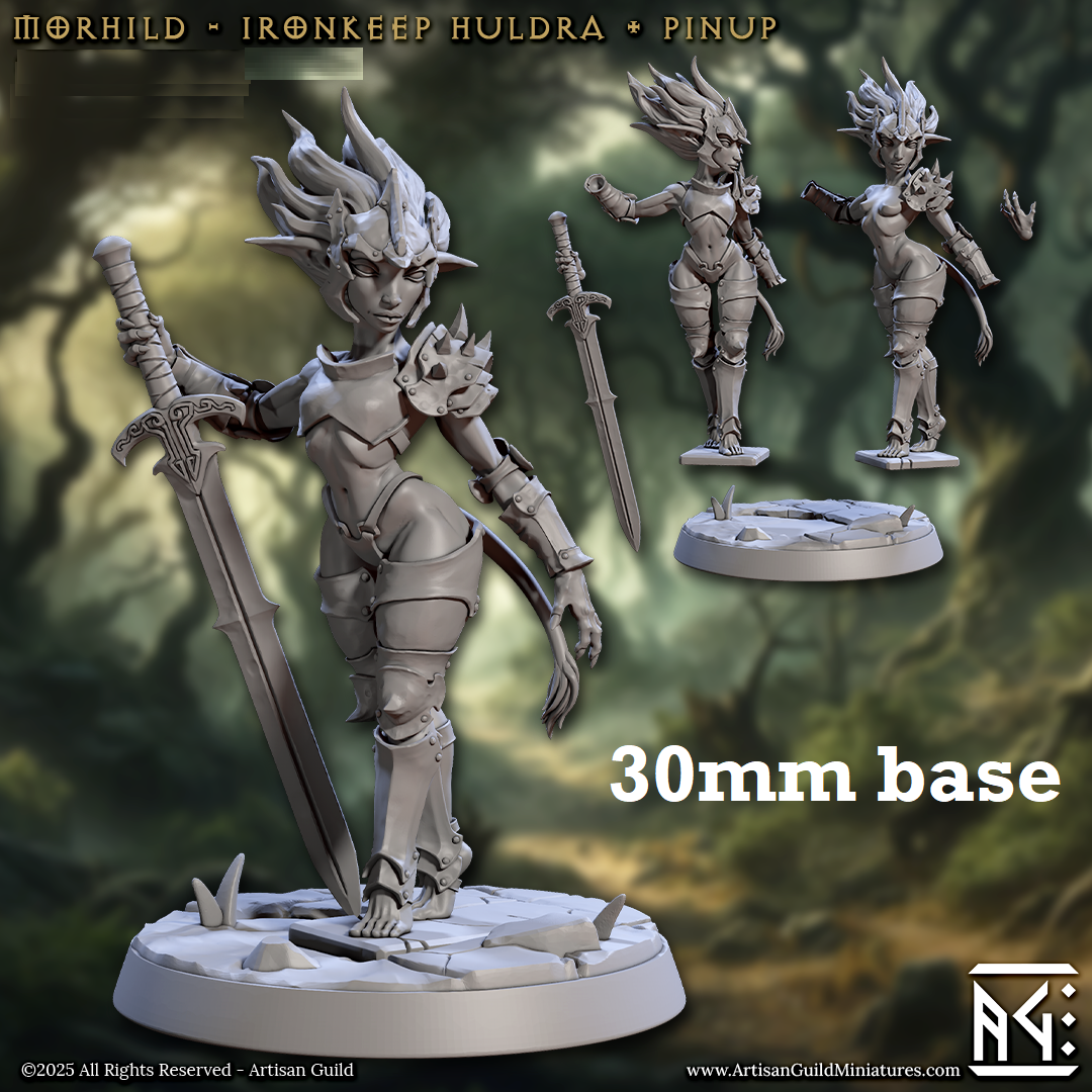 Image shows 3D renders of two sculpt options for a huldra knight gaming miniature.