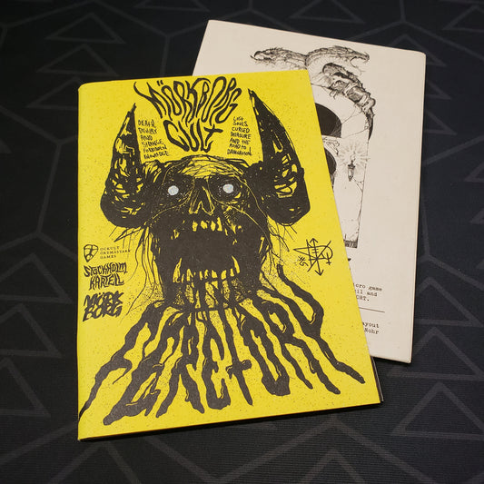 Image shows the front cover of the Cult: Feretory book for the roleplaying game Mork Borg, with an additional adventure leaflet tucked inside