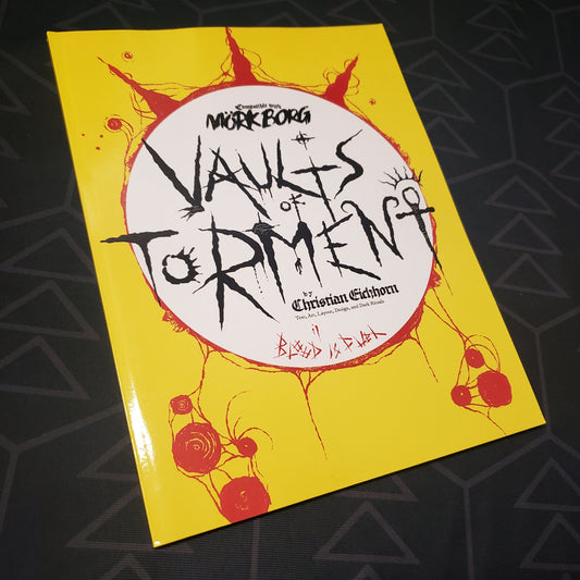 Image shows the front cover of the Vaults of Torment book for the roleplaying game Mork Borg