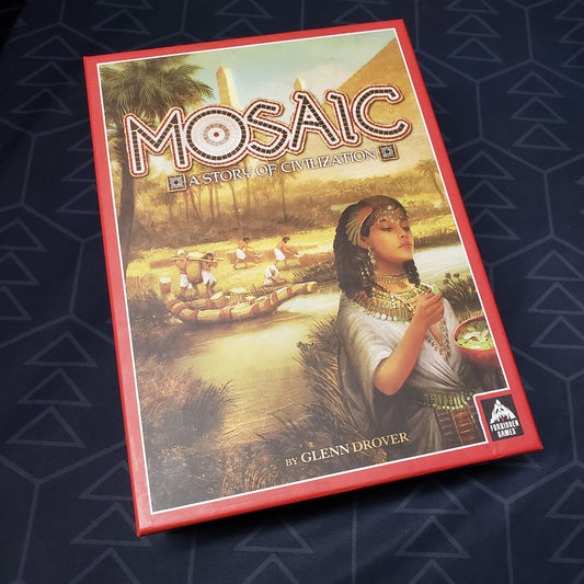 Image shows the front cover of the box for the board game Mosaic: A Story of Civilization