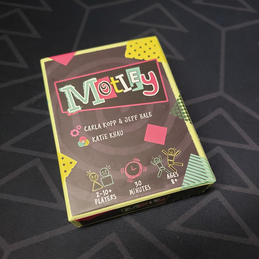 Image shows the front cover of the box of the card game Motley