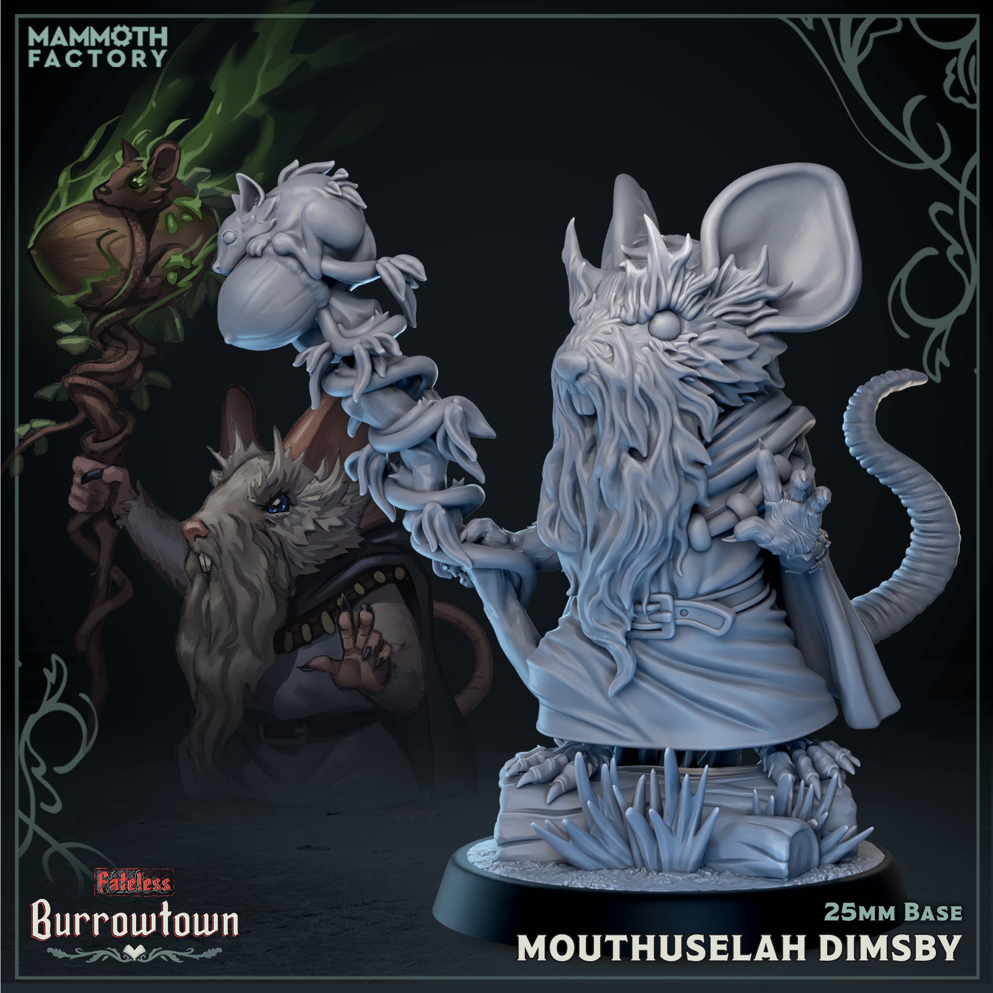 Image shows a 3D render of a jerbeen wizard gaming miniature.