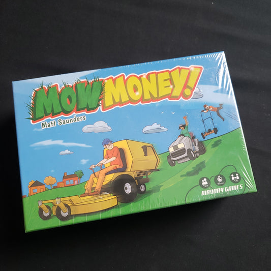 Image shows the front cover of the box of the Mow Money board game