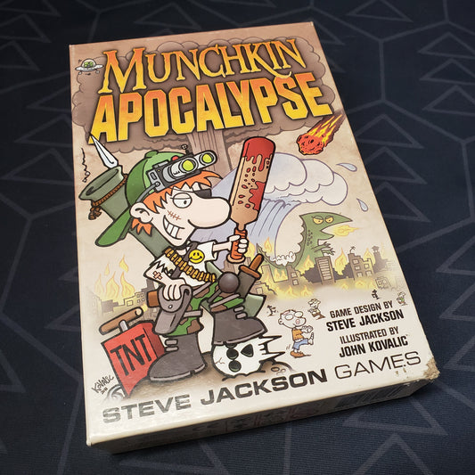 Image shows the front cover of the box of the Munchkin Apocalypse card game