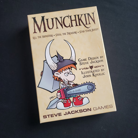 Image shows the front cover of the box of the Munchkin card game