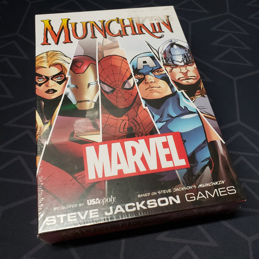 Image shows the front cover of the box of the Munchkin marvel card game