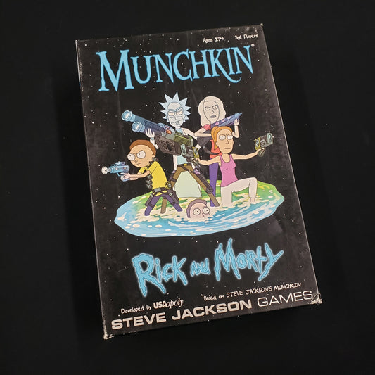 Image shows the front cover of the box of the Munchkin: Rick and Morty card game