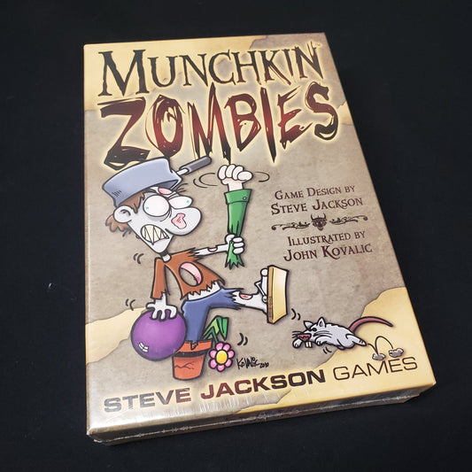 Image shows the front cover of the box of the Munchkin Zombies card game