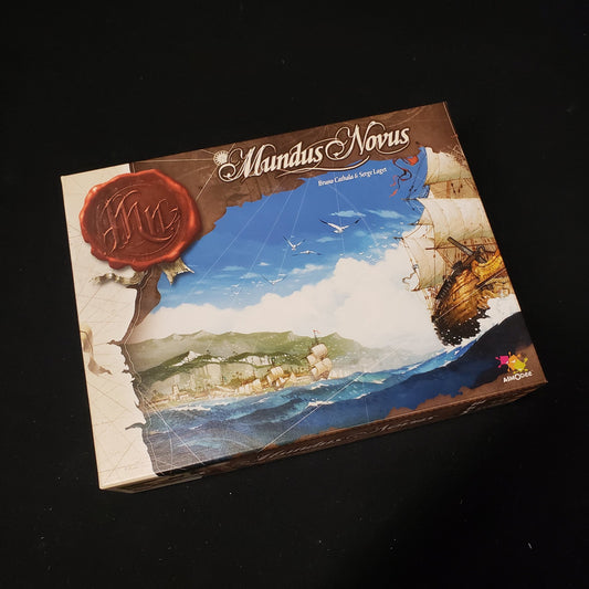 Image shows the front cover of the box of the Mundus Novus card game