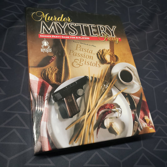 Image shows the front cover of the box for the Murder Mystery Party: Pasta, Passion & Pistols board game