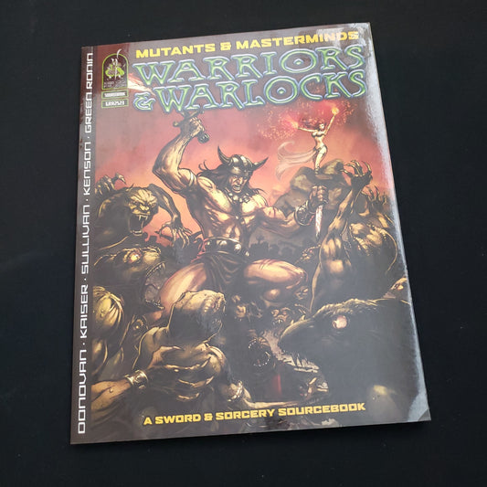 Image shows the front cover of the Warriors & Warlocks book for the Mutants & Masterminds 2E roleplaying game