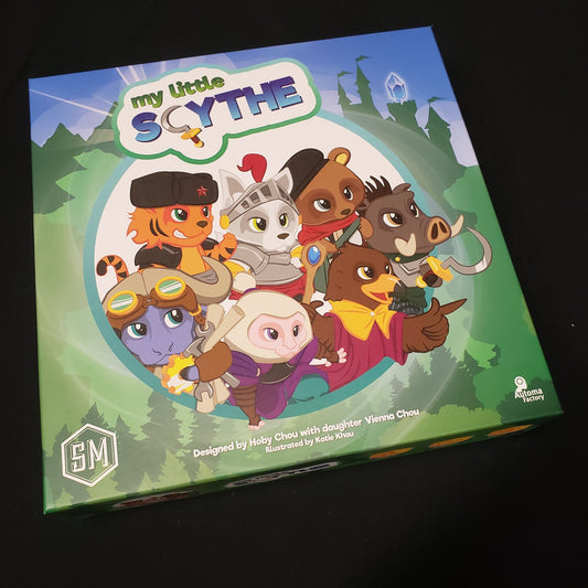 Image shows the front cover of the box of the My Little Scythe board game