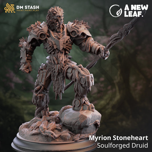 Image shows an 3D render of a nature-focused warforged druid gaming miniature, holding a spear
