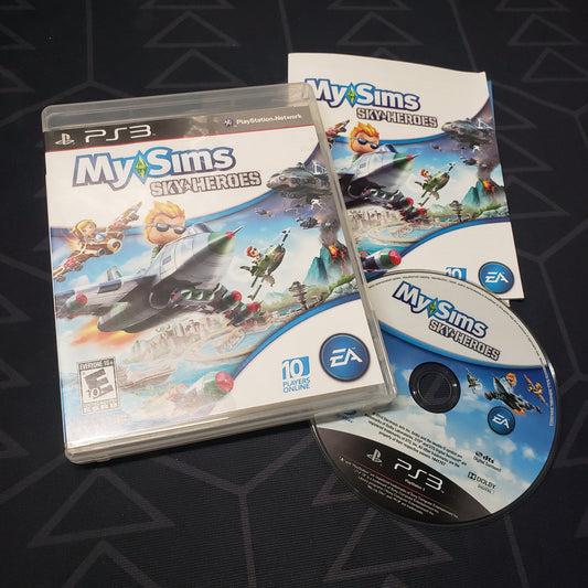 Image shows the case, manual and disc for the video game MySims: Sky Heroes for Playstation 3