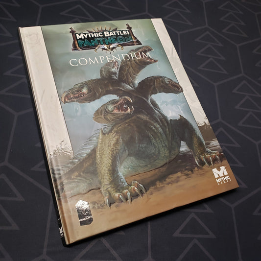 Image shows the front cover of the Mythic Battles Pantheon: Compendium gaming book