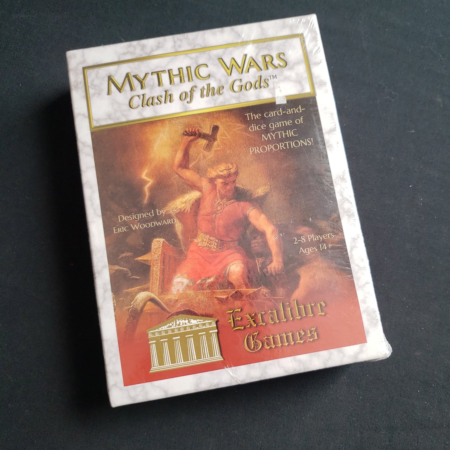 Image shows the front cover of the box of the Mythic Wars: Clash of the Gods card game