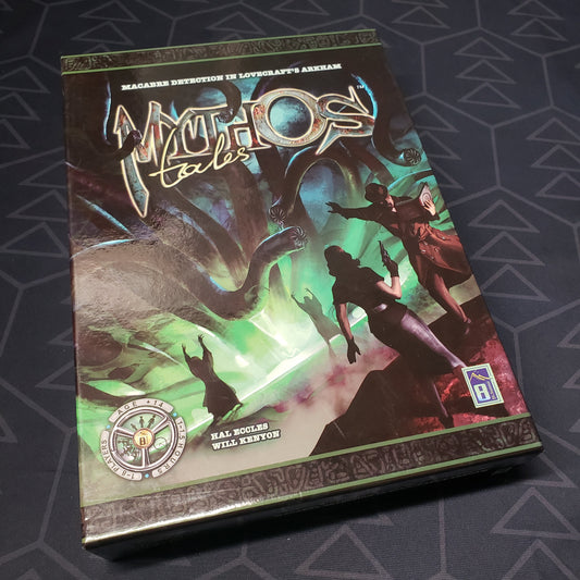 Image shows the front cover of the box for the Mythos Tales board game