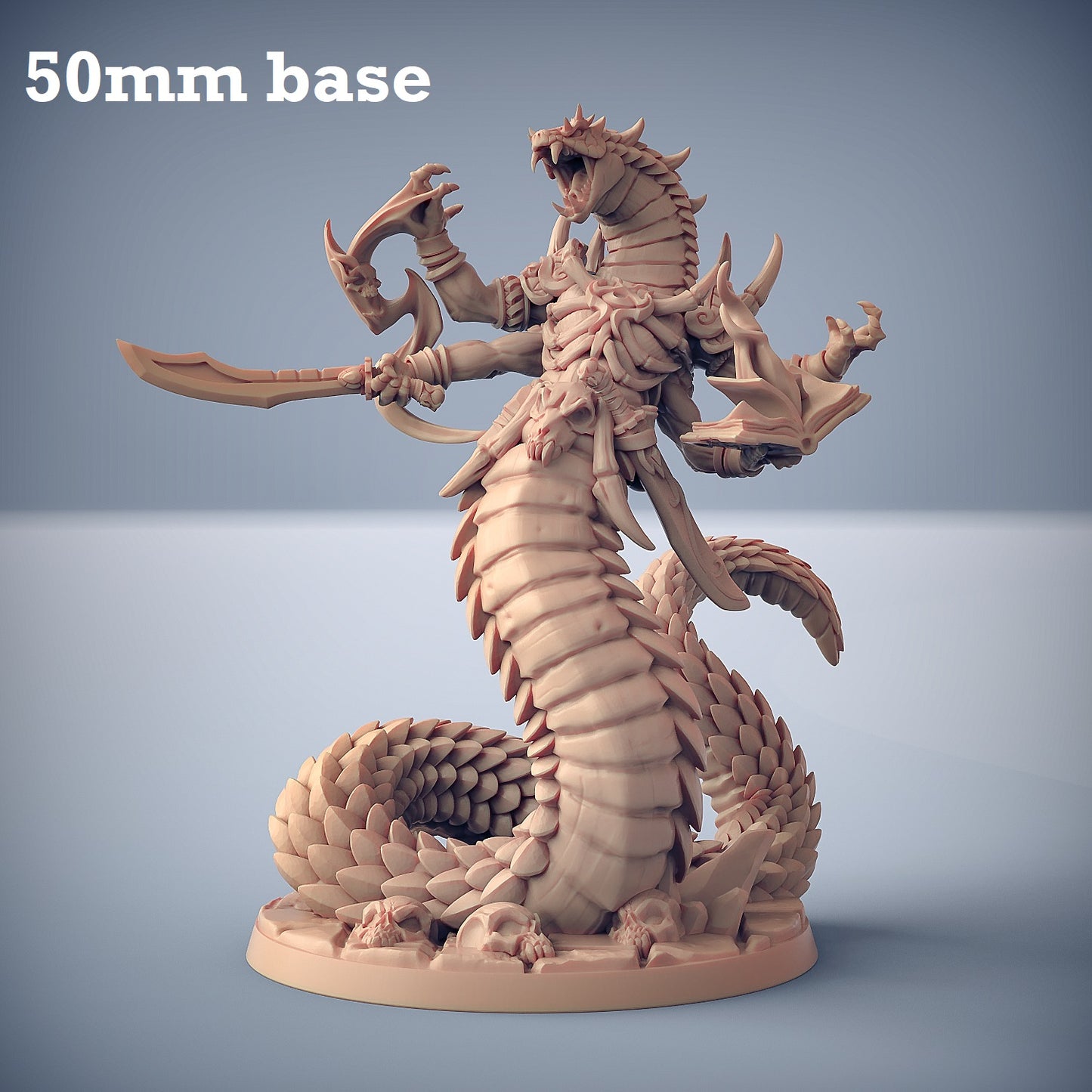 Image shows a 3D render of a yuan-ti necromancer gaming miniature.